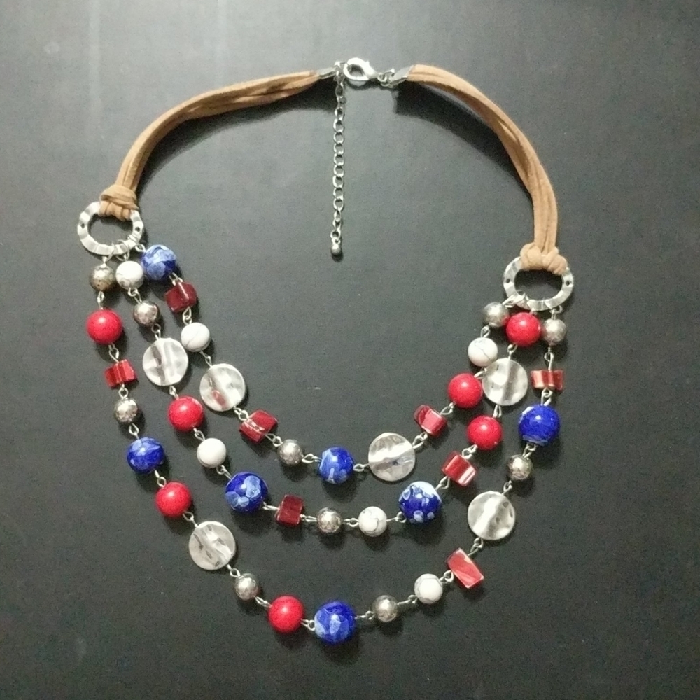 Silver Tone Red White Blue Beaded Multi Strand Layered Statement Necklace